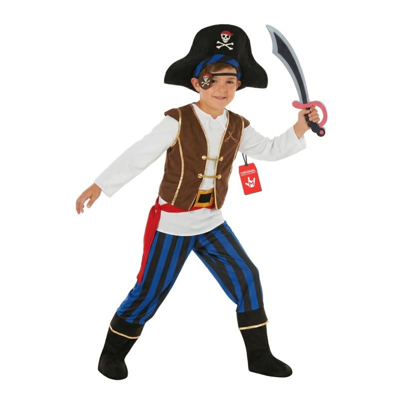 Boy modeling the MorphCostumes Boys Blue Stripe Pirate Costume, a white shirt under a brown vest with gold trim, blue and black striped pants, black boot covers, a red sash belt, a black skull hat, an eye patch, and a toy sword