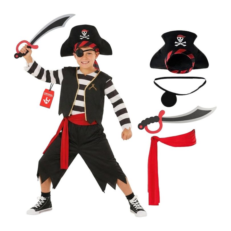 Boy modeling the MorphCostumes Boys Basic Pirate Deckhand Costume, a black and white striped shirt under a black vest with gold trim, black ragged-hem pants, a red sash, a black skull hat, an eye patch, and a foam sword