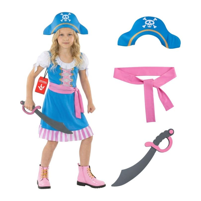 Girl modeling the MorphCostumes Girls Blue and Pink Pirate Captain Costume, a blue knee-length dress with white puff sleeves, pink lacing, and a pink and white striped hem, with a pink sash belt, blue tricorn hat, and toy sword
