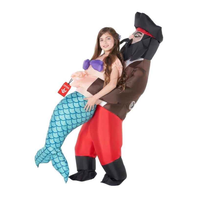 Girl wearing the MorphCostumes Kids Pirate Mermaid Pick Me Up Inflatable Costume, appearing as a mermaid with a blue scale tail held in the arms of an inflatable bearded pirate in a black hat and red pants