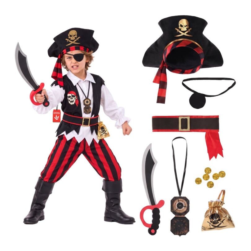 Boy modeling the MorphCostumes Boys Red Stripe Pirate Costume, a white shirt under a black skull vest with red and black striped pants, a black hat with a striped bandana, an eye patch, a foam sword, a compass, and a gold coin bag