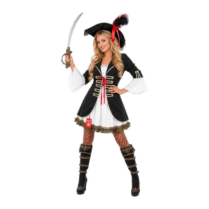 Woman modeling the MorphCostumes Women's Buccaneer Girl Pirate Costume, a black coat with gold braid over a white frill-hemmed dress, with a black feathered tricorn hat