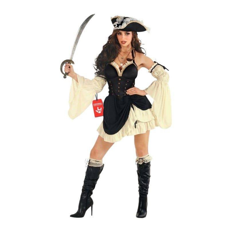Woman modeling the MorphCostumes Women's Sexy Pirate Captain Costume, a black and cream pirate dress with a fitted bodice, puffed cream sleeves, and a layered skirt, with a black lace-trimmed captain hat
