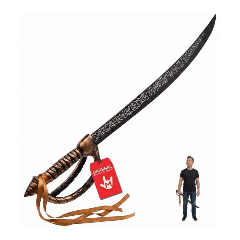 MorphCostumes Adult Pirate Cutlass Sword, a curved plastic prop cutlass with a dark blade, bronze-colored grip, and ribbons at the handle