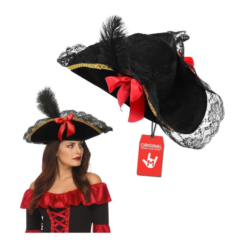 MorphCostumes Women's Pirate Tricorn Hat with Feather, a black tricorn with lace trim, red ribbon, and a black feather