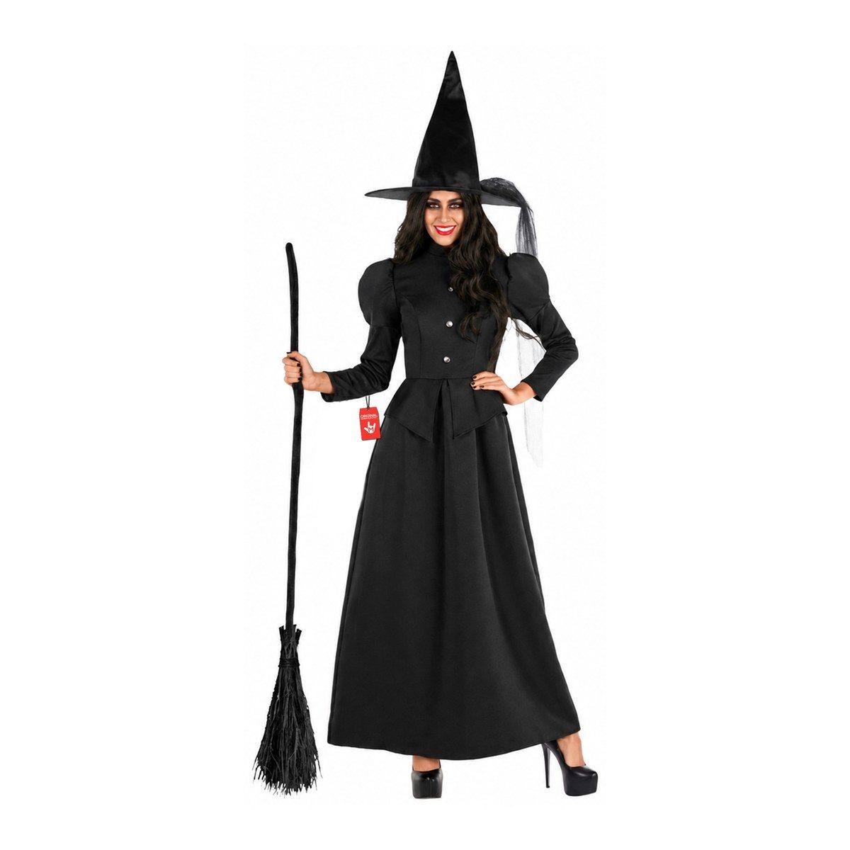 Full-length black witch dress with a peplum waist, silver buttons, and puffed shoulders, with a tall pointed hat and mesh veil, shown with a broom