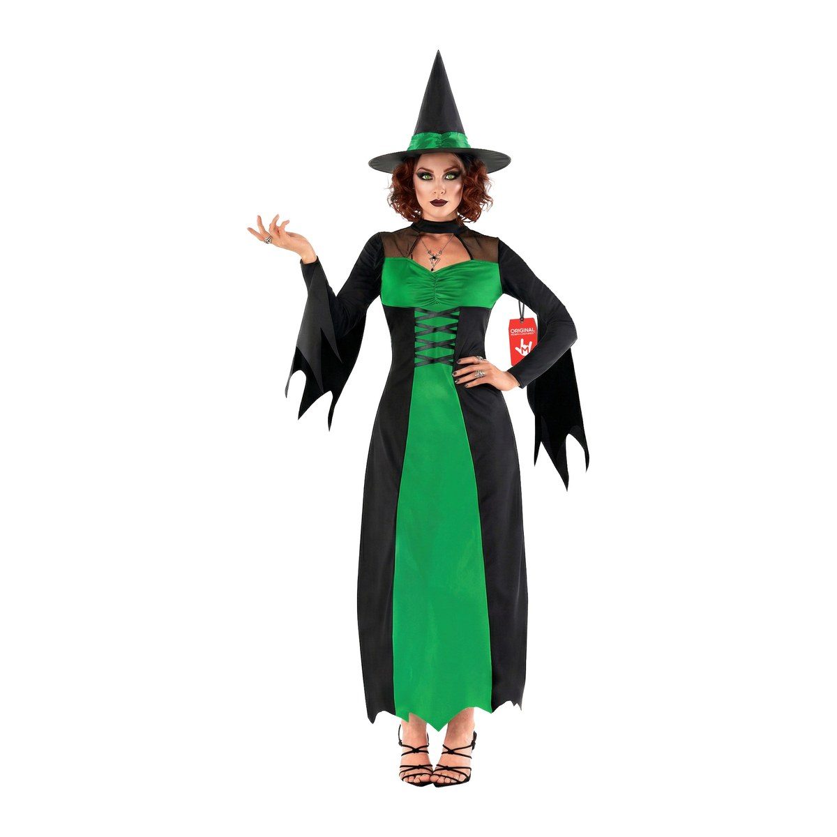 Long black witch dress with a green center panel, corset-style lace-up front, jagged bell sleeves, and a pointed witch hat with a green band