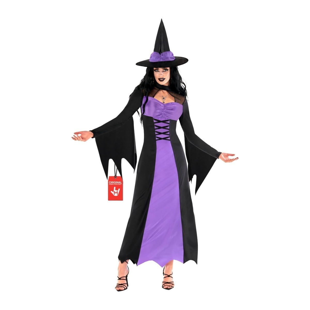 Long black witch dress with a purple center panel, lace-up front, jagged bell sleeves, and a pointed witch hat with a purple bow