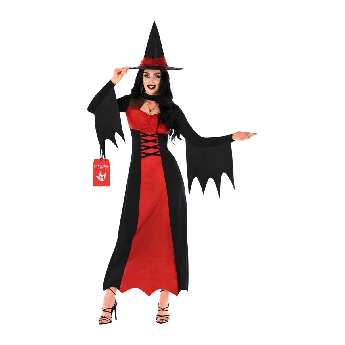 Long black witch dress with a red center panel, lace-up front, jagged bell sleeves, and a pointed witch hat with a red band