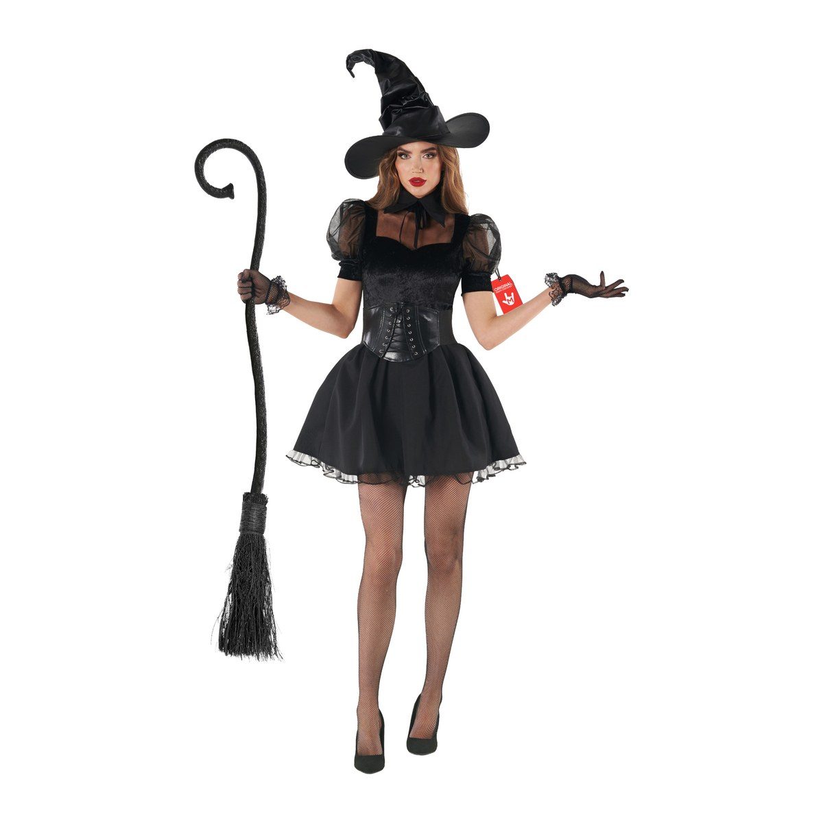 Short black witch dress with puffed sleeves, a corset-style belt, a tulle hem, and a large scrunched witch hat, shown with a broom and fishnet tights