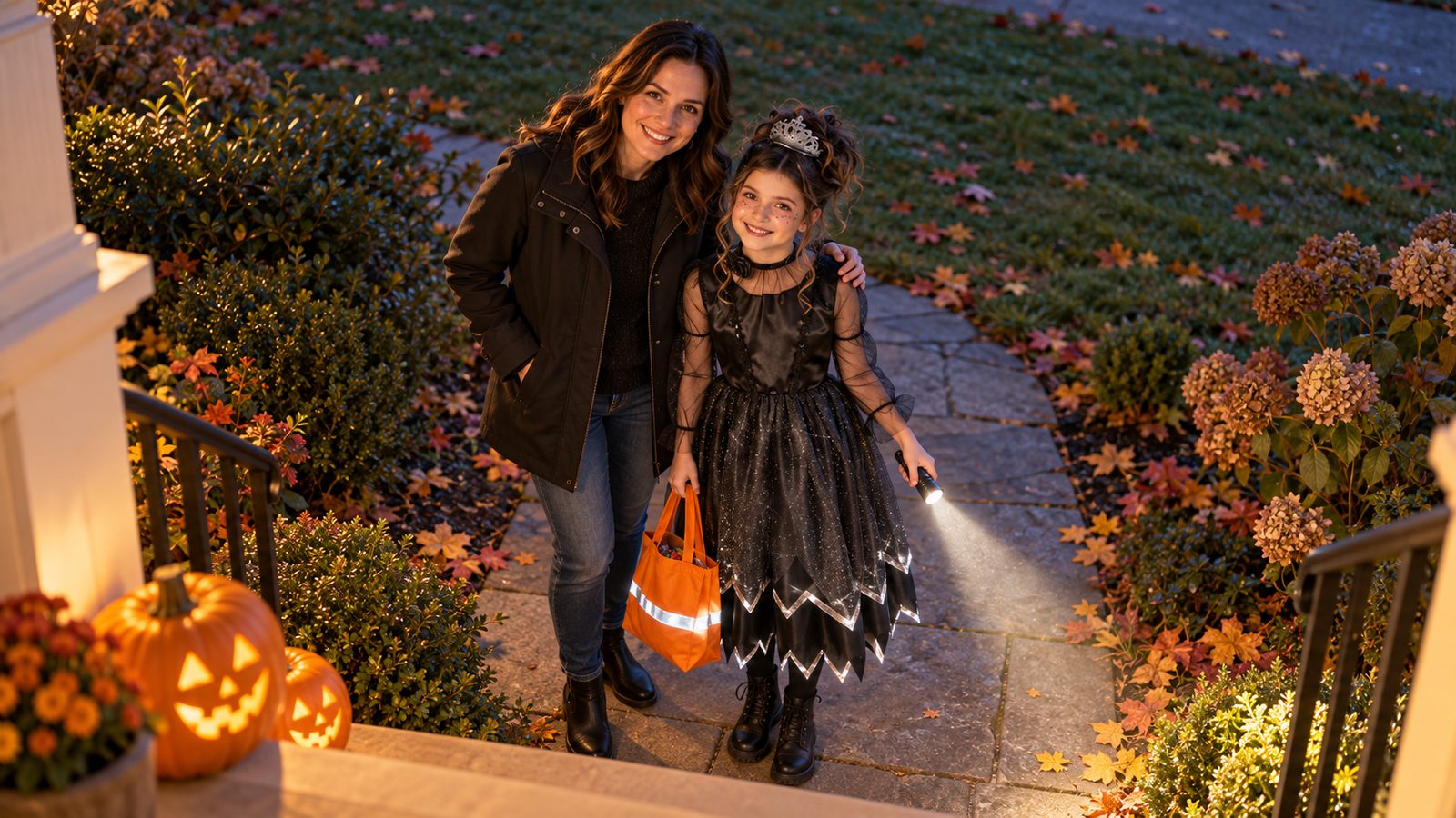 Seen from the porch steps, a mother and her daughter in a black gothic witch dress with a silver tiara headband stand side by side on the front path at dusk, the girl's flashlight beam ahead of them and a strip of reflective tape on her candy bag catching the porch light
