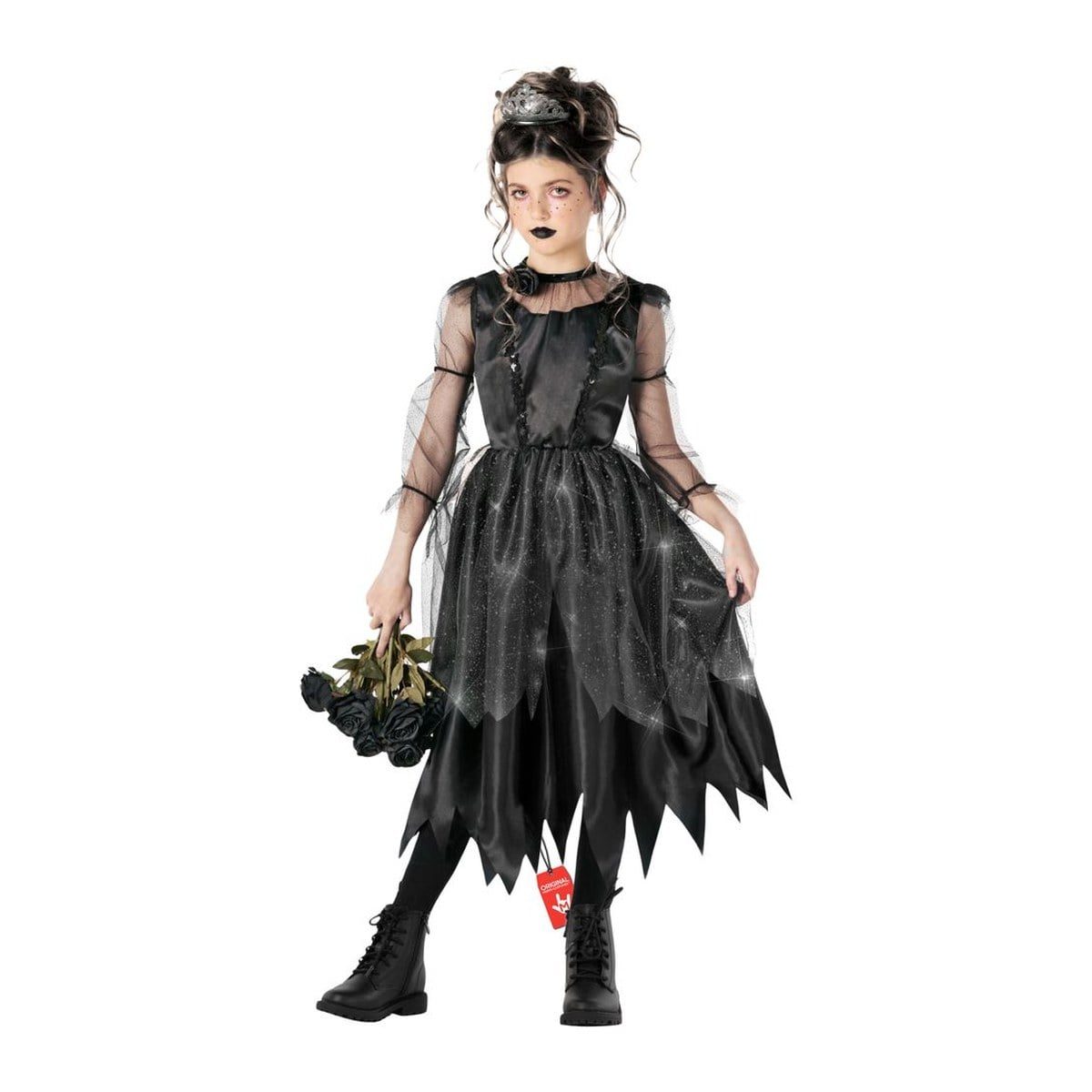 Girl in a black satin midi witch dress with a sheer high-neck mesh yoke, puffed mesh sleeves, a glittery jagged mesh overskirt, and a silver tiara headband, holding a bouquet of black roses