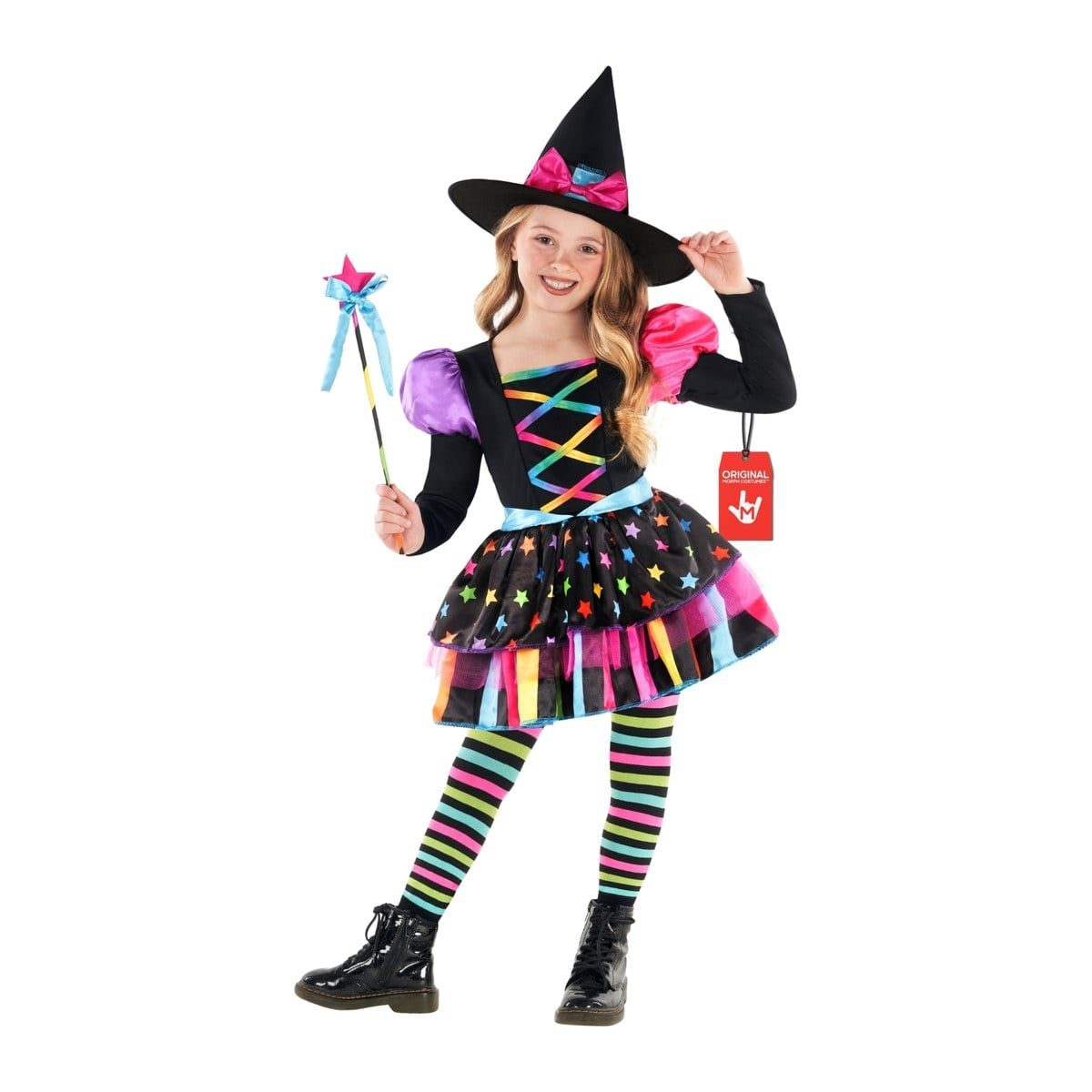 Girl in a short rainbow star witch dress with a black laced bodice, puffed purple and pink cap sleeves, a tiered star-print and rainbow ruffle skirt, multicolored striped tights, and a black pointed hat with a pink bow, holding a star wand with a pink star tip