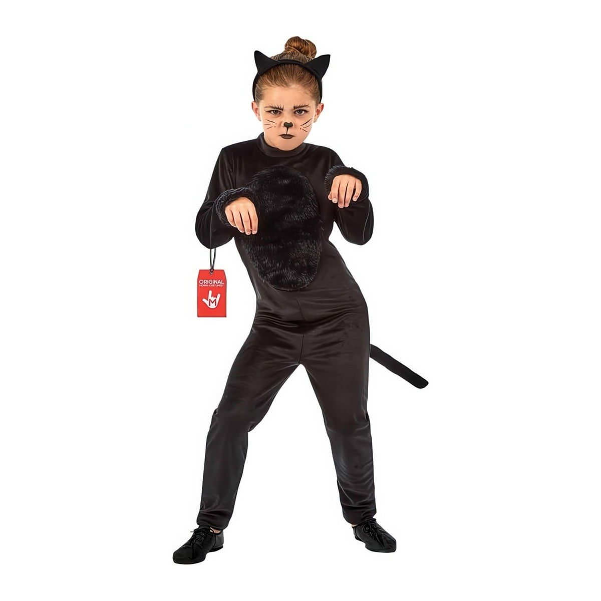 Girl in a full-length black plush cat jumpsuit with an attached tail, black cat ears on a headband, and a painted black nose and whiskers, holding her hands up like paws