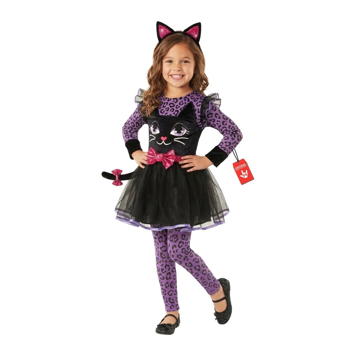 Young girl in a purple and black kitty cat dress with a cat-face print, leopard-print sleeves, a pink bow, a black tutu skirt, purple leopard-print leggings, and pink-lined cat ears