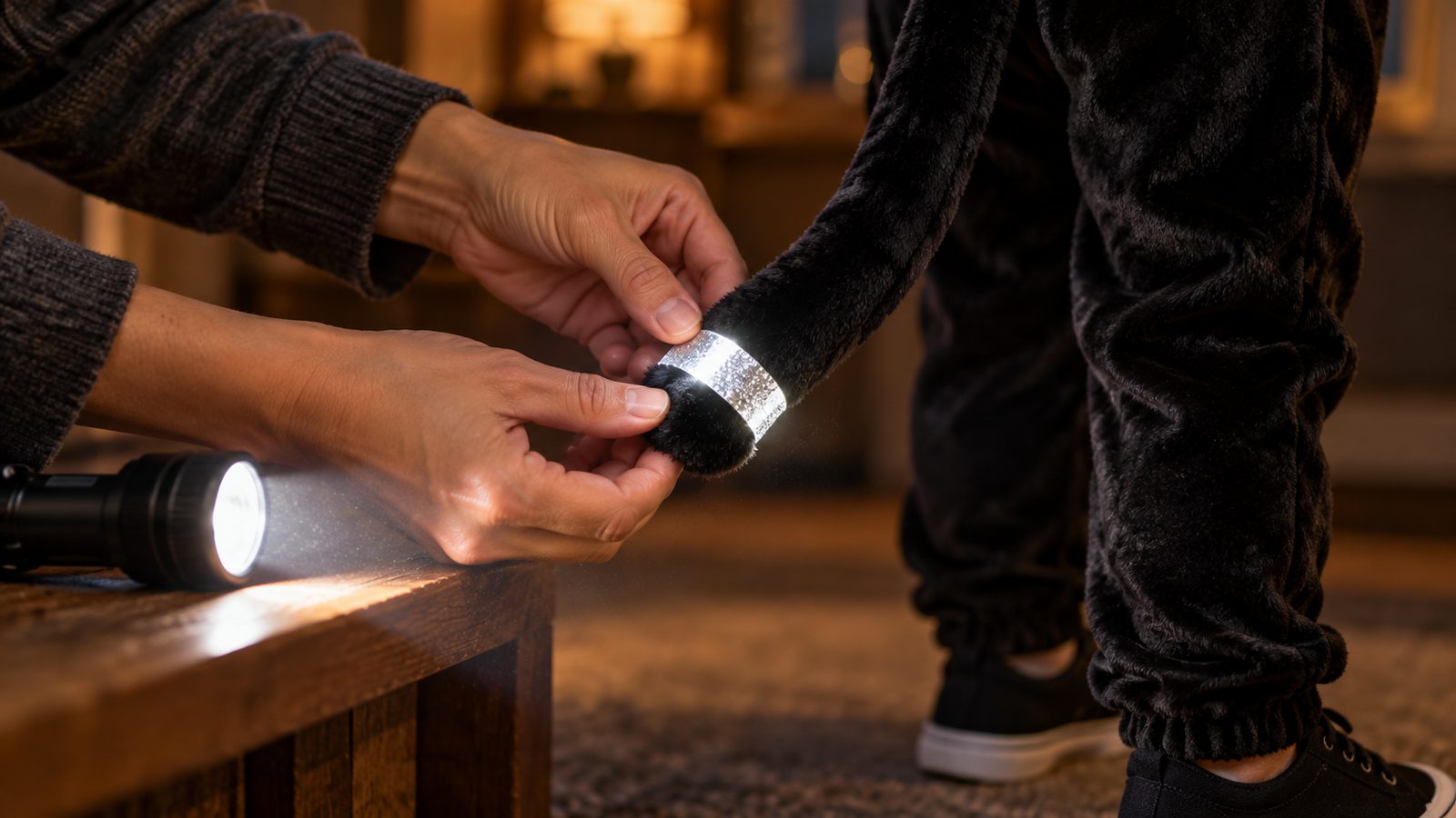 Close-up of a parent pressing a strip of silver reflective tape around the tail of a child's black plush cat jumpsuit, the strip glowing bright in a flashlight beam