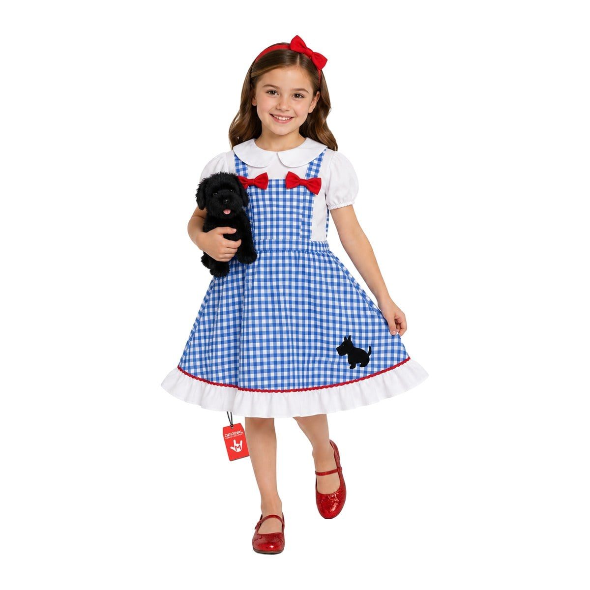 Girl in a blue and white gingham Dorothy dress with a white blouse, red bows, and a red bow headband, holding a black toy dog