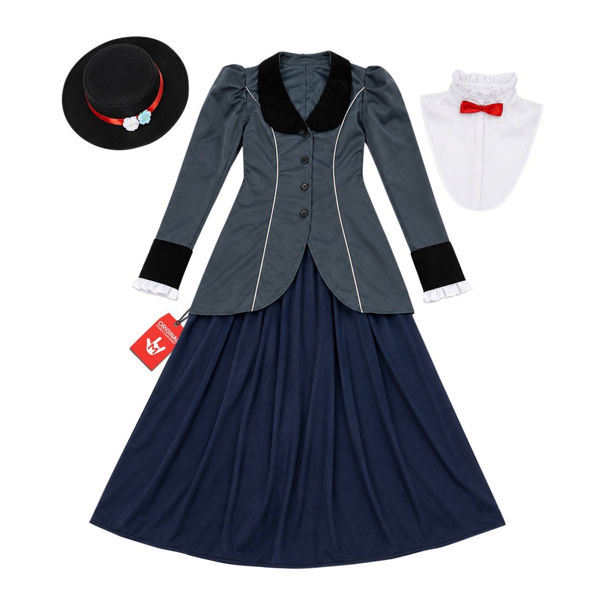 Flat lay of a gray nanny jacket with black lapels, a long navy skirt, a white mock collar with a red bow, and a black wide-brimmed hat with flowers