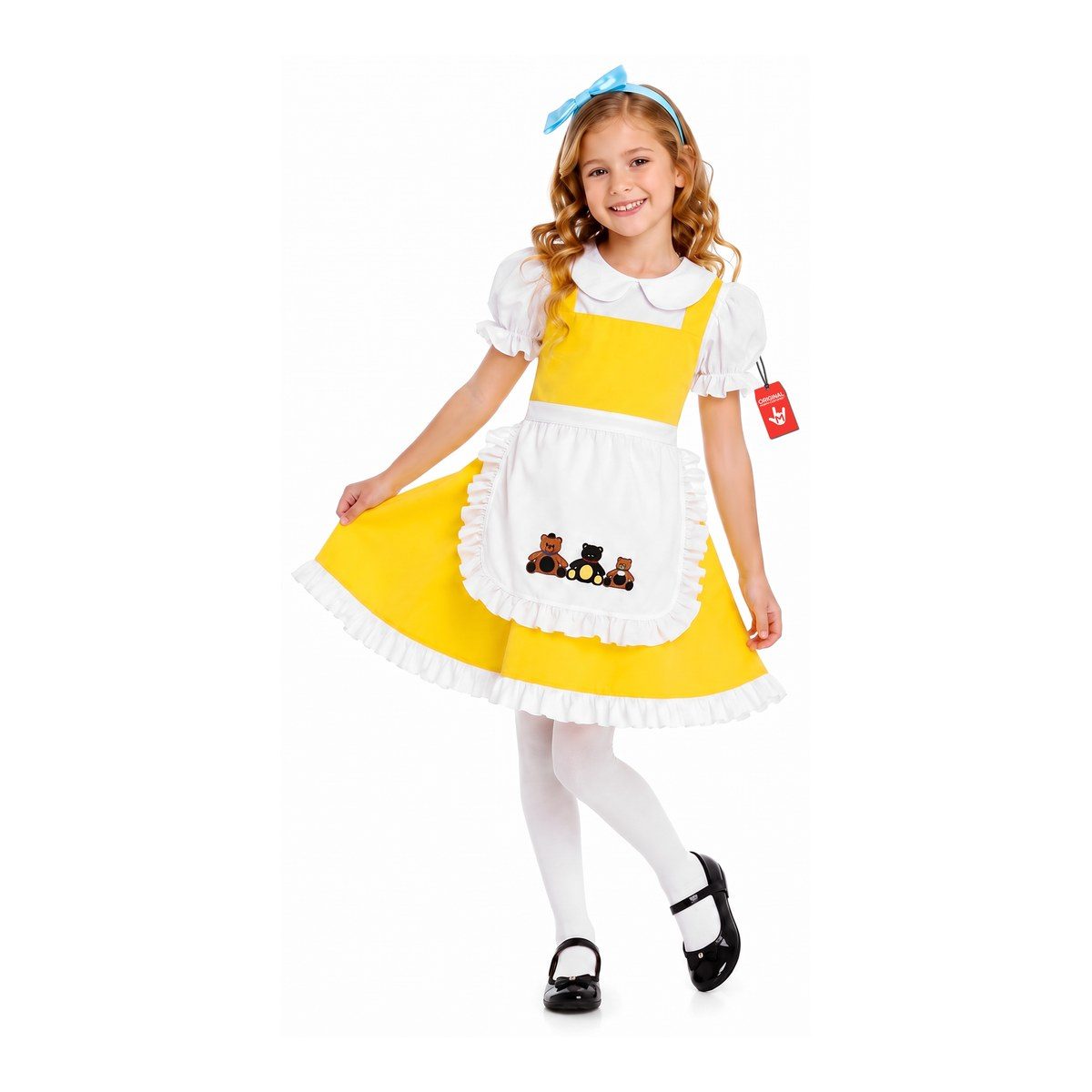 Girl in a yellow Goldilocks dress with a white apron, puffed white sleeves, and a blue bow headband