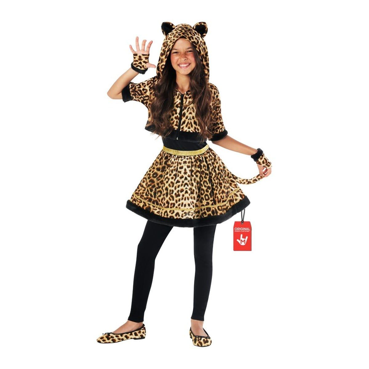 Girl in a leopard print dress with a black waistband, a hooded leopard top with ears, fingerless gloves, and a leopard tail