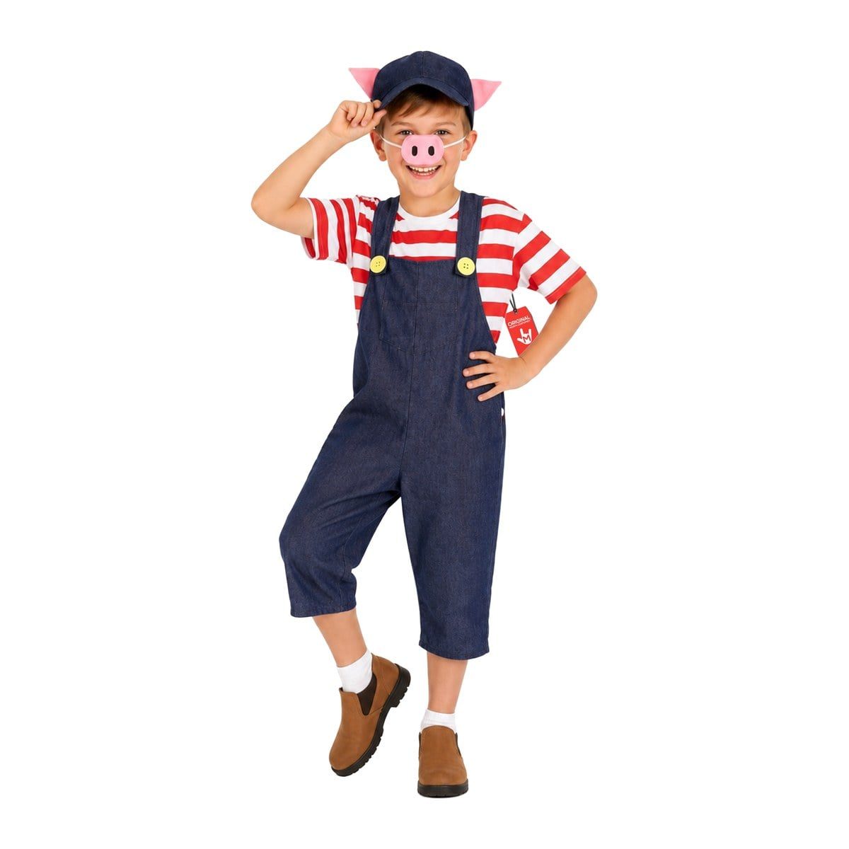 Boy in denim overalls over a red and white striped top, with a pink pig nose and a navy cap with pink ears