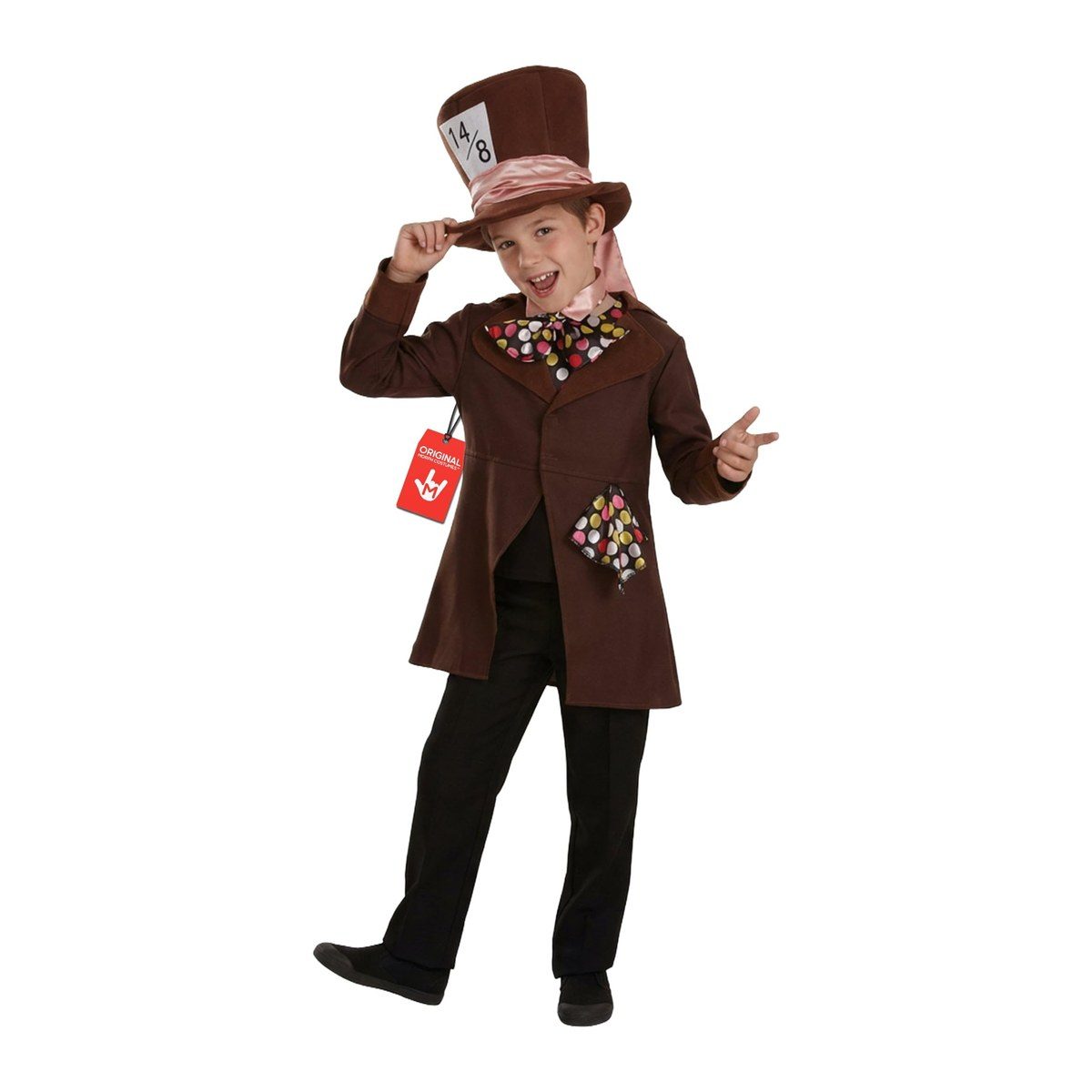 Boy in a long brown Mad Hatter jacket with a polka dot shirt insert and pink collar, tipping a tall brown top hat