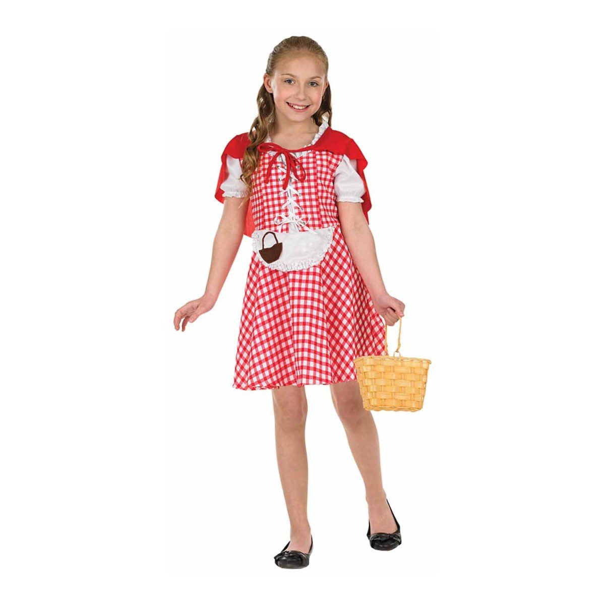 Girl in a red and white checked dress with a white apron and a red hooded cape, holding a wicker basket