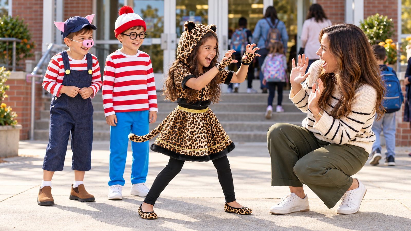 At a school entrance on book character day, a girl in a leopard print dress with a hooded top, gloves, and tail roars playfully at a laughing teacher, while a boy in overalls, a striped top, a pig nose, and an eared cap and a boy in a red and white striped top, bobble hat, and round glasses watch