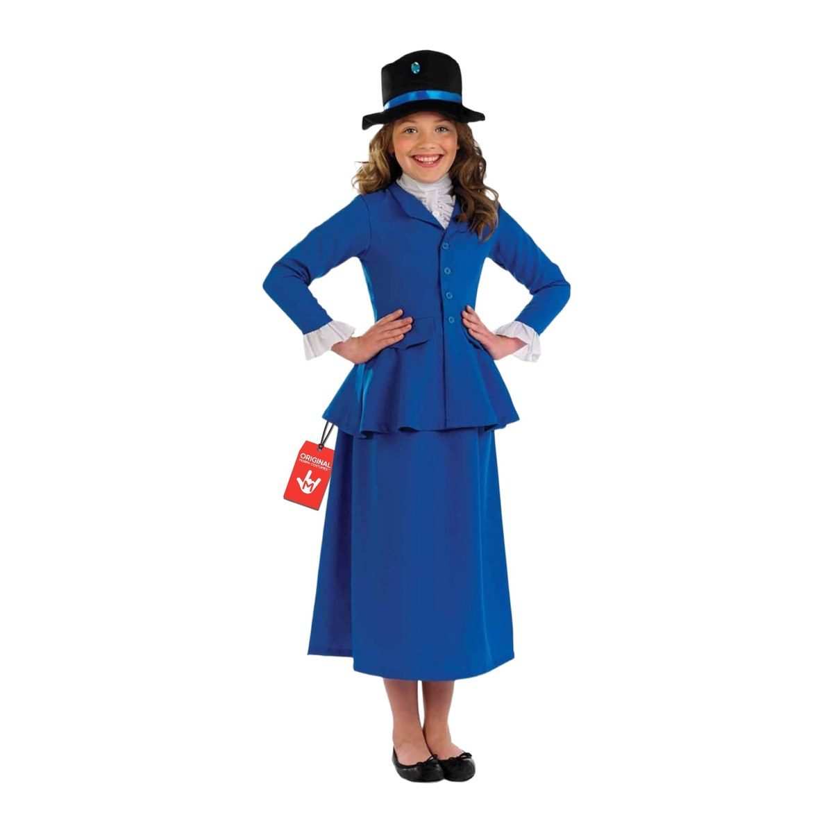 Girl in a bright blue Victorian nanny jacket and long skirt with a white ruffle collar and a black hat with a blue ribbon