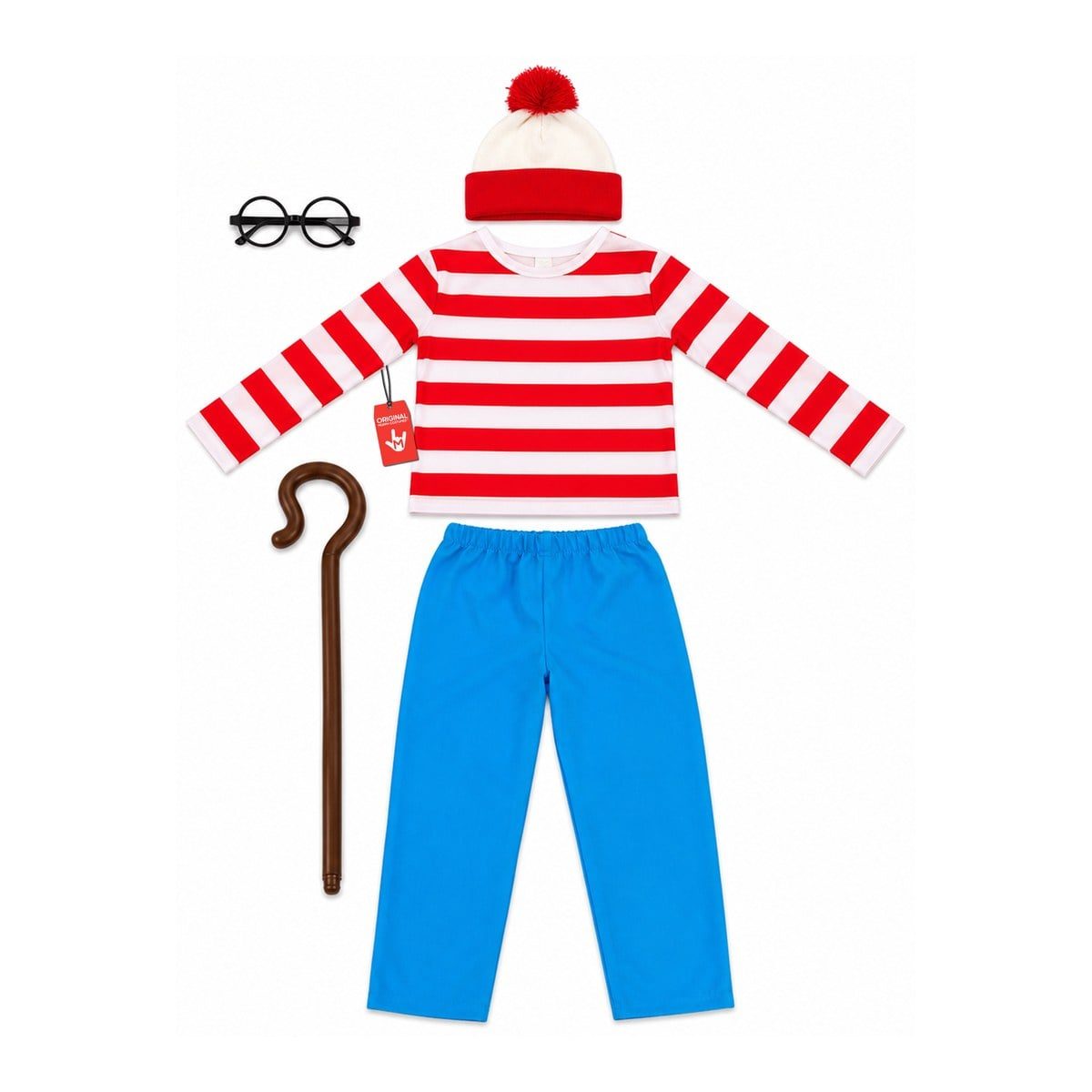 Flat lay of a red and white striped long sleeve top, blue pants, a red and white bobble hat, round black glasses, and a brown cane