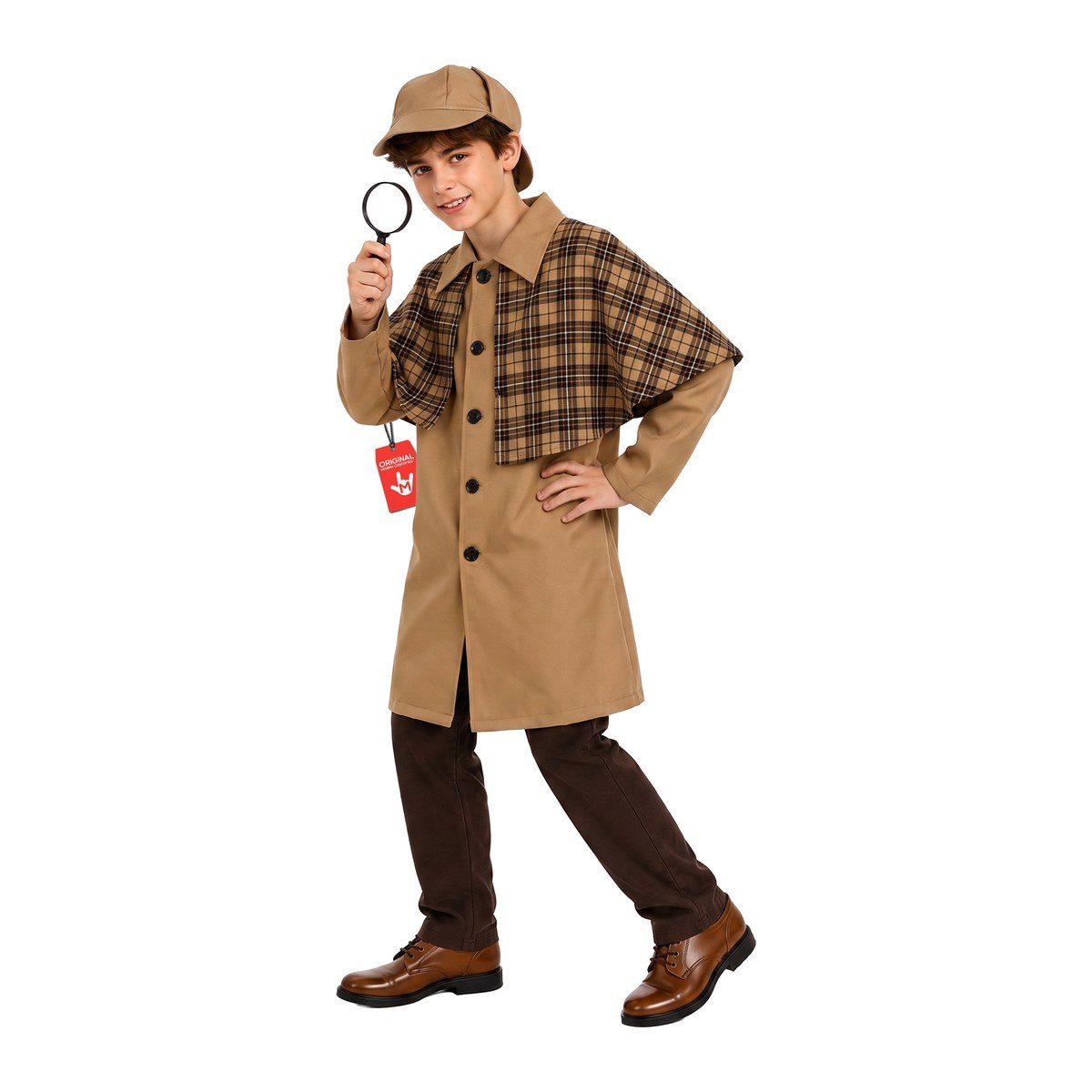 Boy in a tan Victorian detective coat with a brown tartan cape and a matching deerstalker hat, holding a magnifying glass