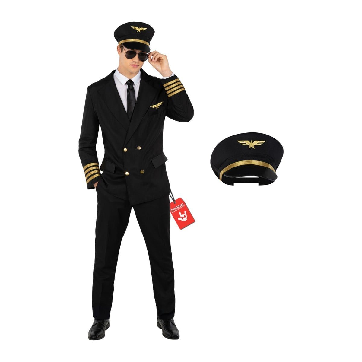 Man in a black double-breasted pilot captain jacket with gold cuff stripes and a wing badge, white shirt, black tie, and a peaked cap with gold wings