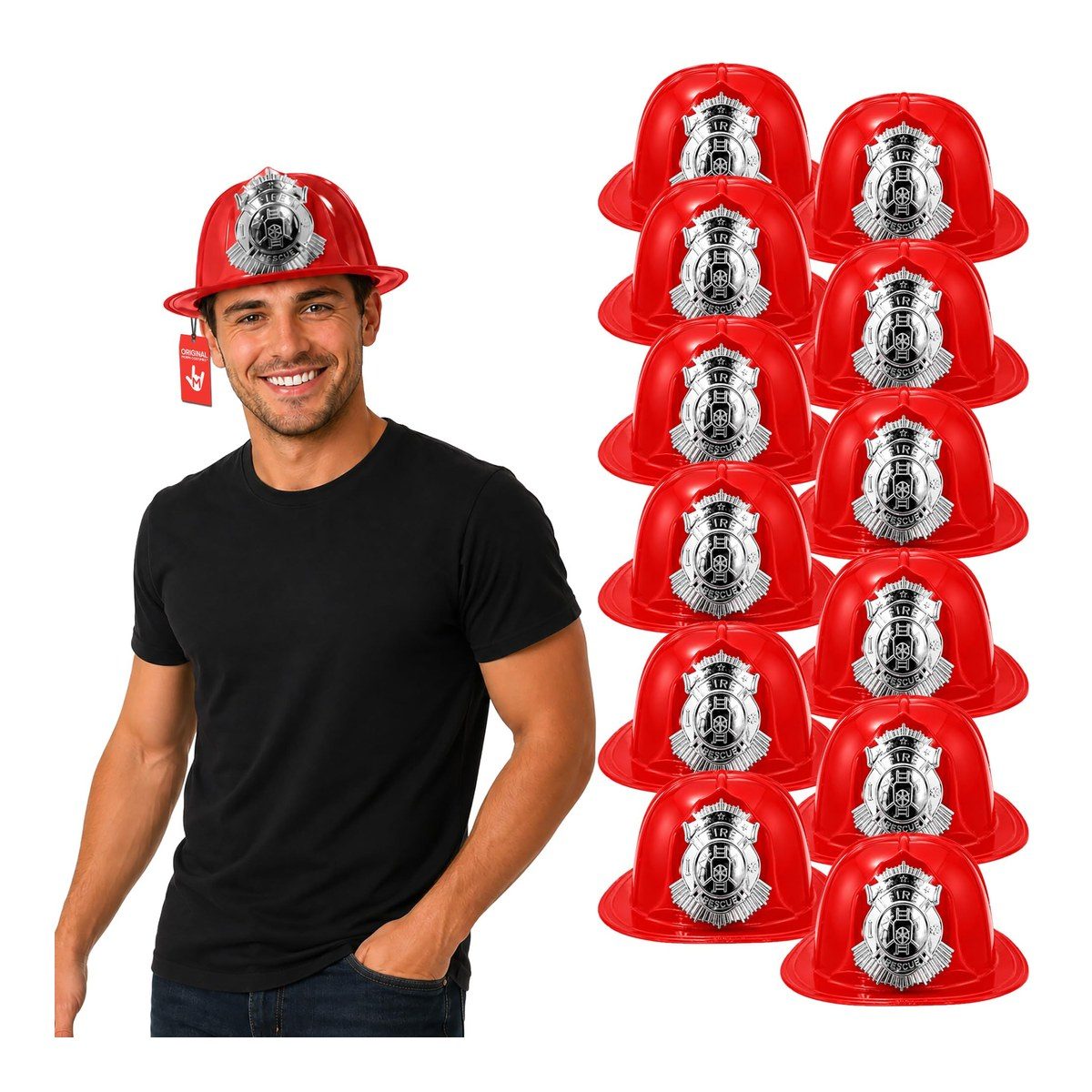 Smiling man in a black t-shirt wearing a red firefighter helmet with a silver shield badge, beside a stack of twelve matching helmets