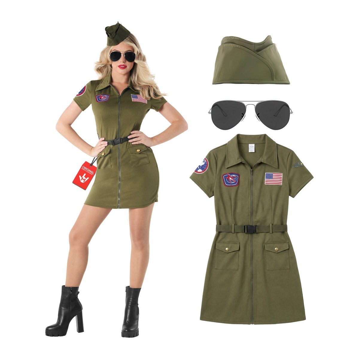 Woman in an olive green zip-front aviator dress with round patches and a flag patch, a belt, side cap, and aviator sunglasses
