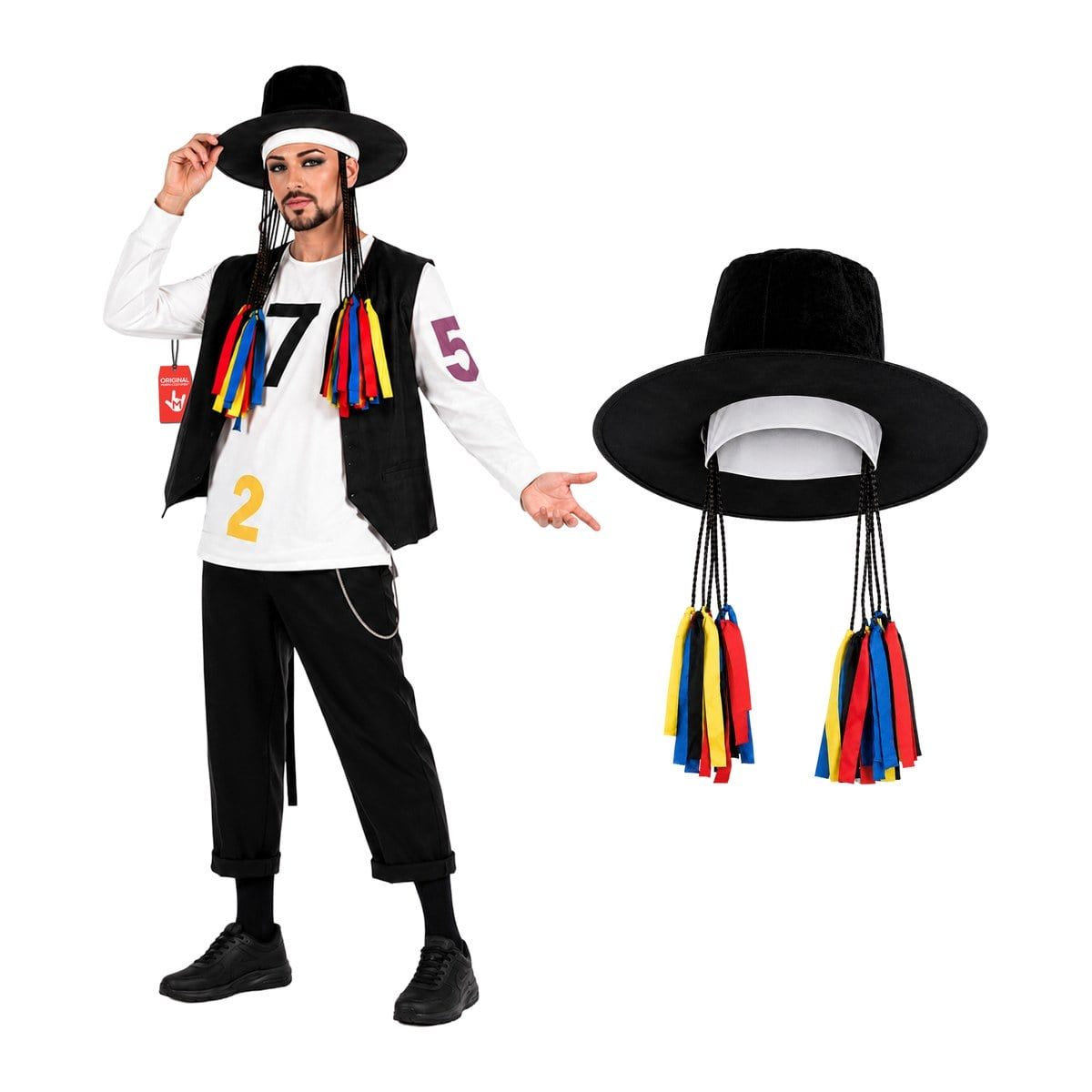 Man in a black wide-brim hat with ribbon-tied braids, a white shirt printed with numbers, a black vest, and cropped black pants, shown beside the hat on its own