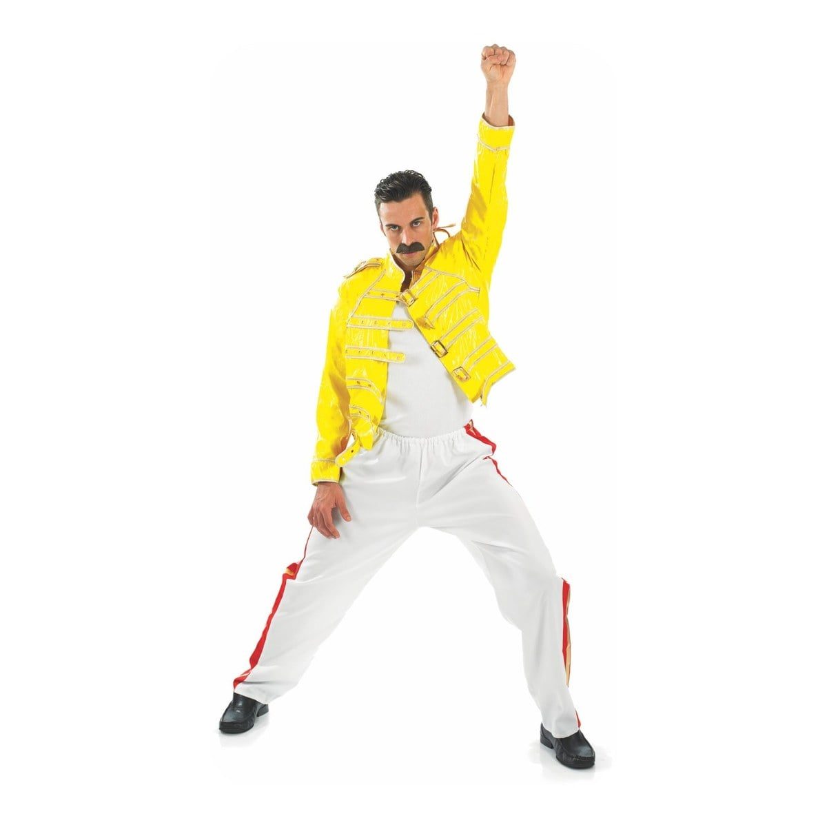 Man in a yellow military-style jacket with buckles and white pants with red side stripes