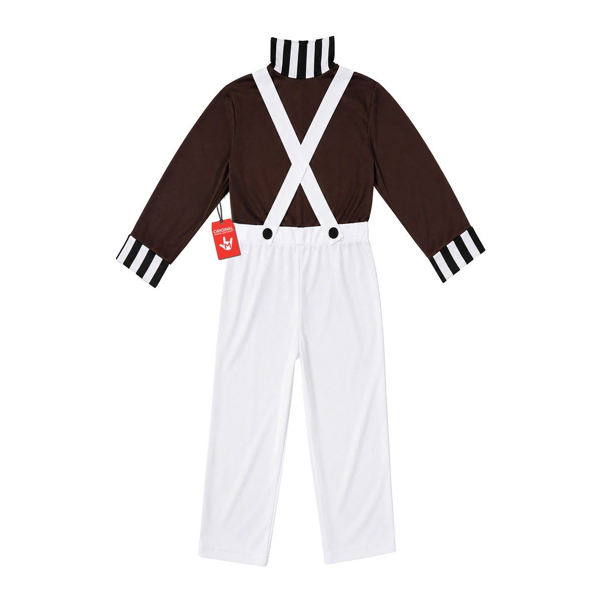 Brown long-sleeve top with black and white striped collar and cuffs over white pants with crossed white suspenders, a kids chocolate factory helper costume