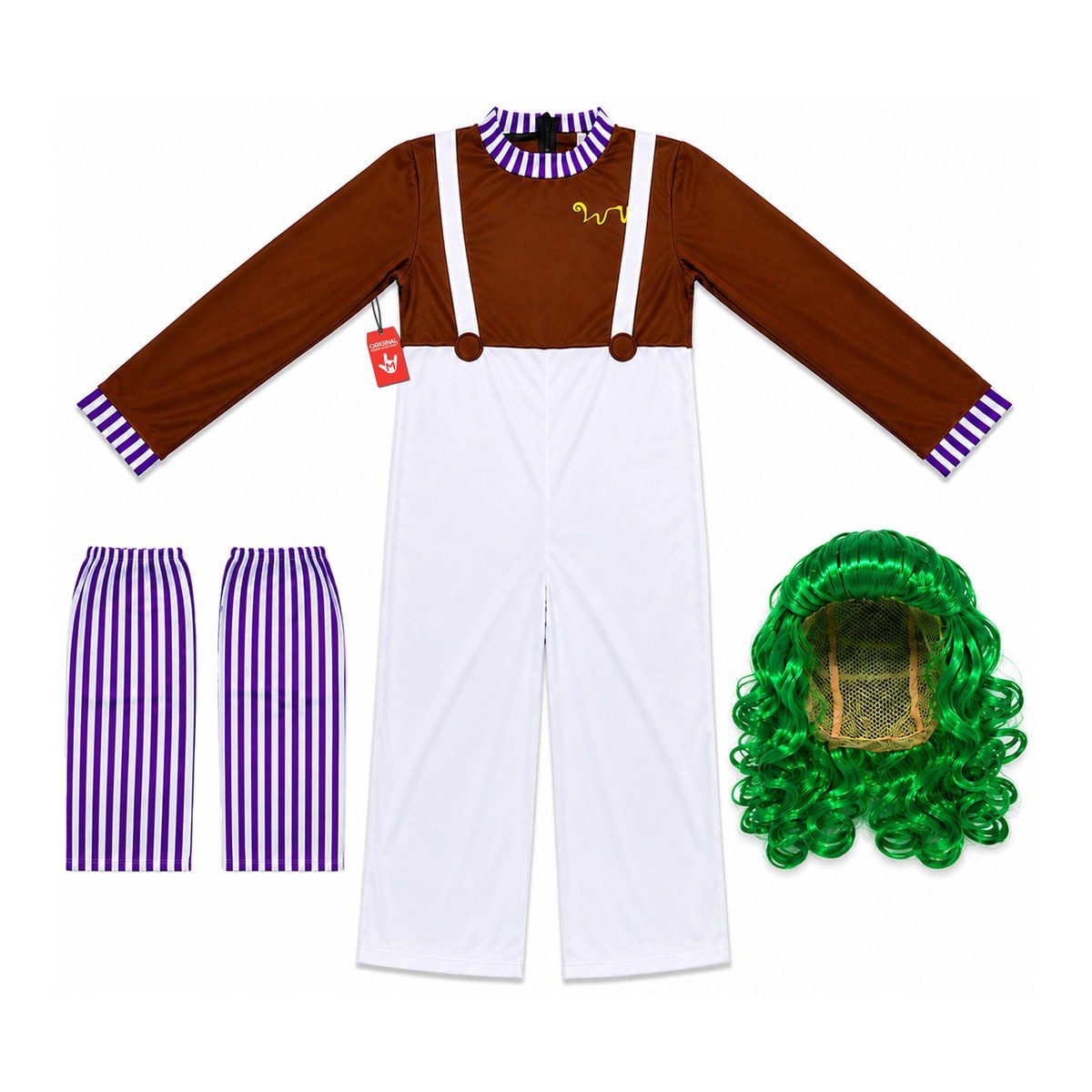 Brown long-sleeve top with purple striped collar and cuffs joined to white overalls, with purple and white striped leggings and a curly green wig