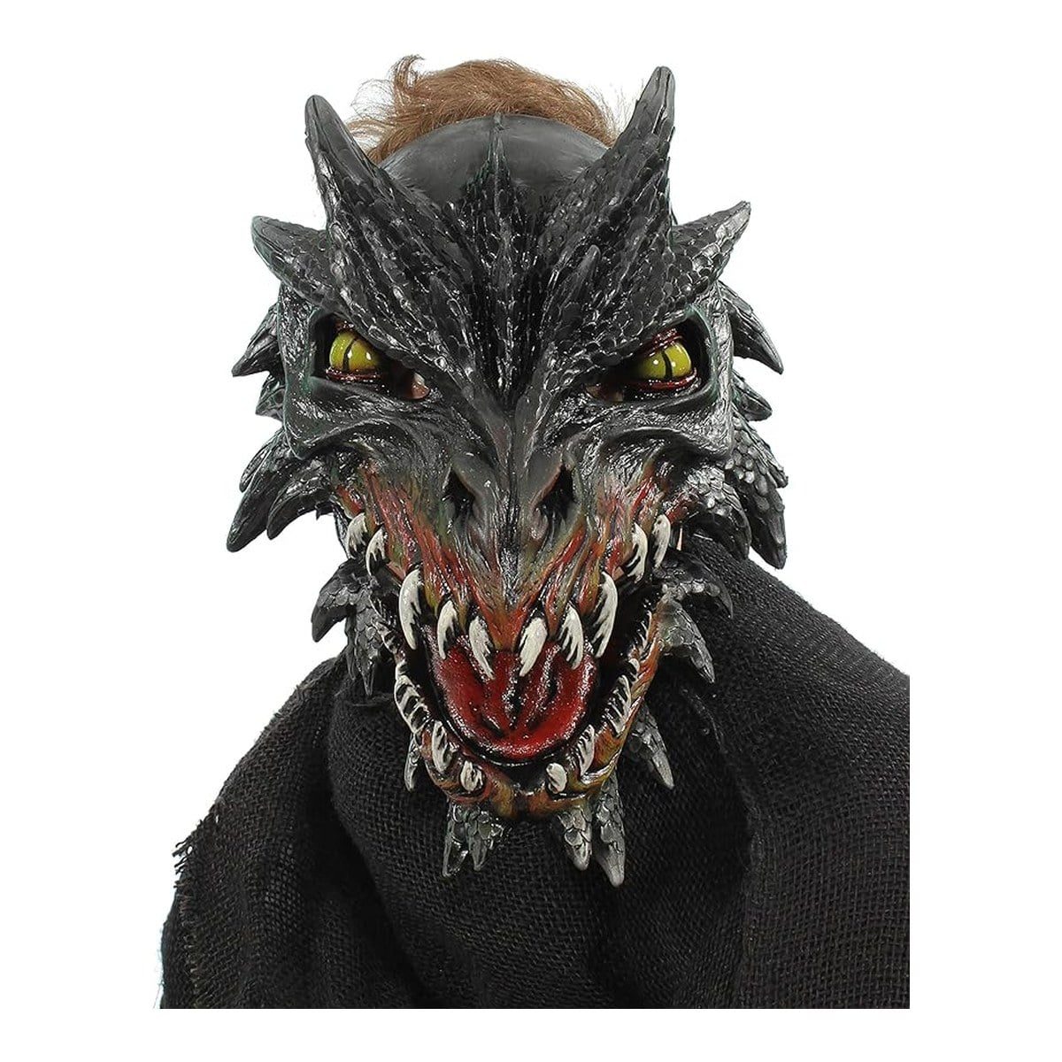 Black latex dragon mask with ridged scales, horn spikes, yellow eyes and an open red mouth full of white fangs