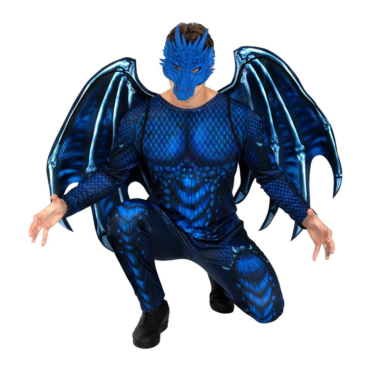 Man crouching in a blue scaled dragon jumpsuit with bone-print wings spread wide and a horned blue dragon half mask