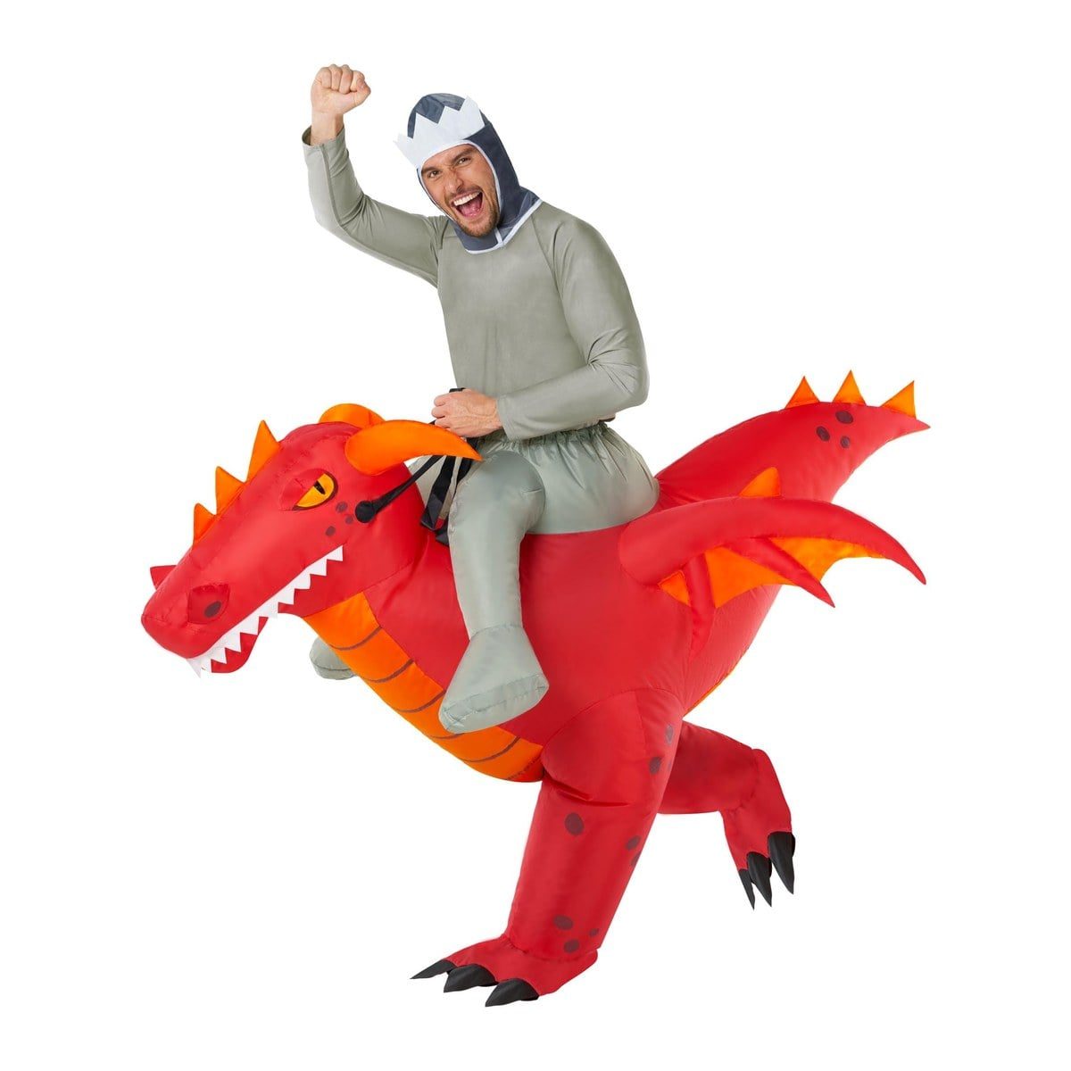 Man in a gray knight hood riding a red inflatable dragon with orange spikes, white teeth and black claws, one fist raised