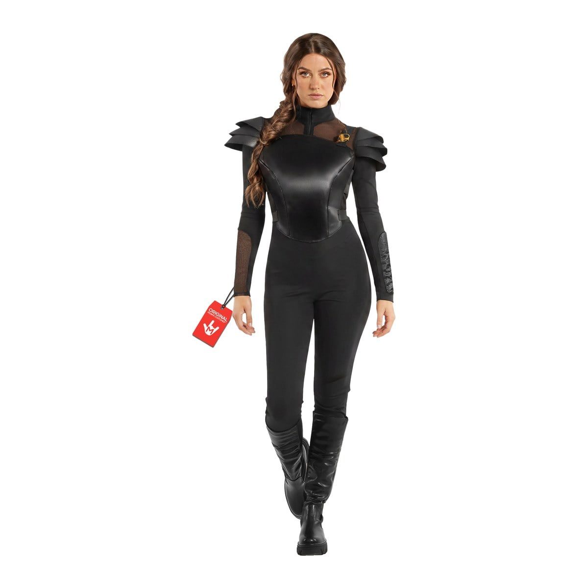Woman in a black full-length fitted bodysuit with a paneled chest, mesh at the neck and one forearm, tiered shoulder armor, a gold badge on the upper chest, a long side braid, and black knee-high boots
