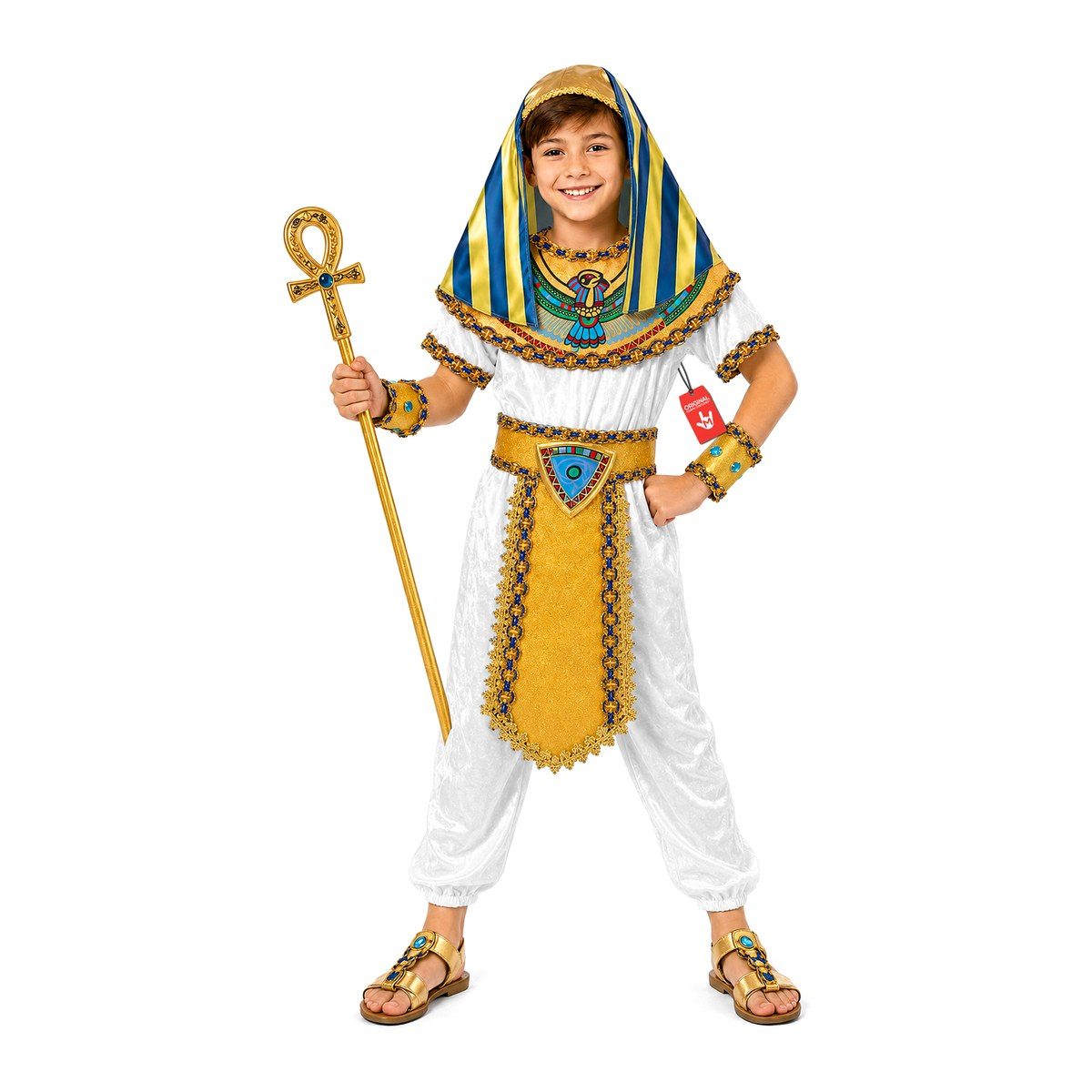 Boy in a white Egyptian pharaoh costume with a blue and gold striped headpiece, gold collar, and long decorated belt panel