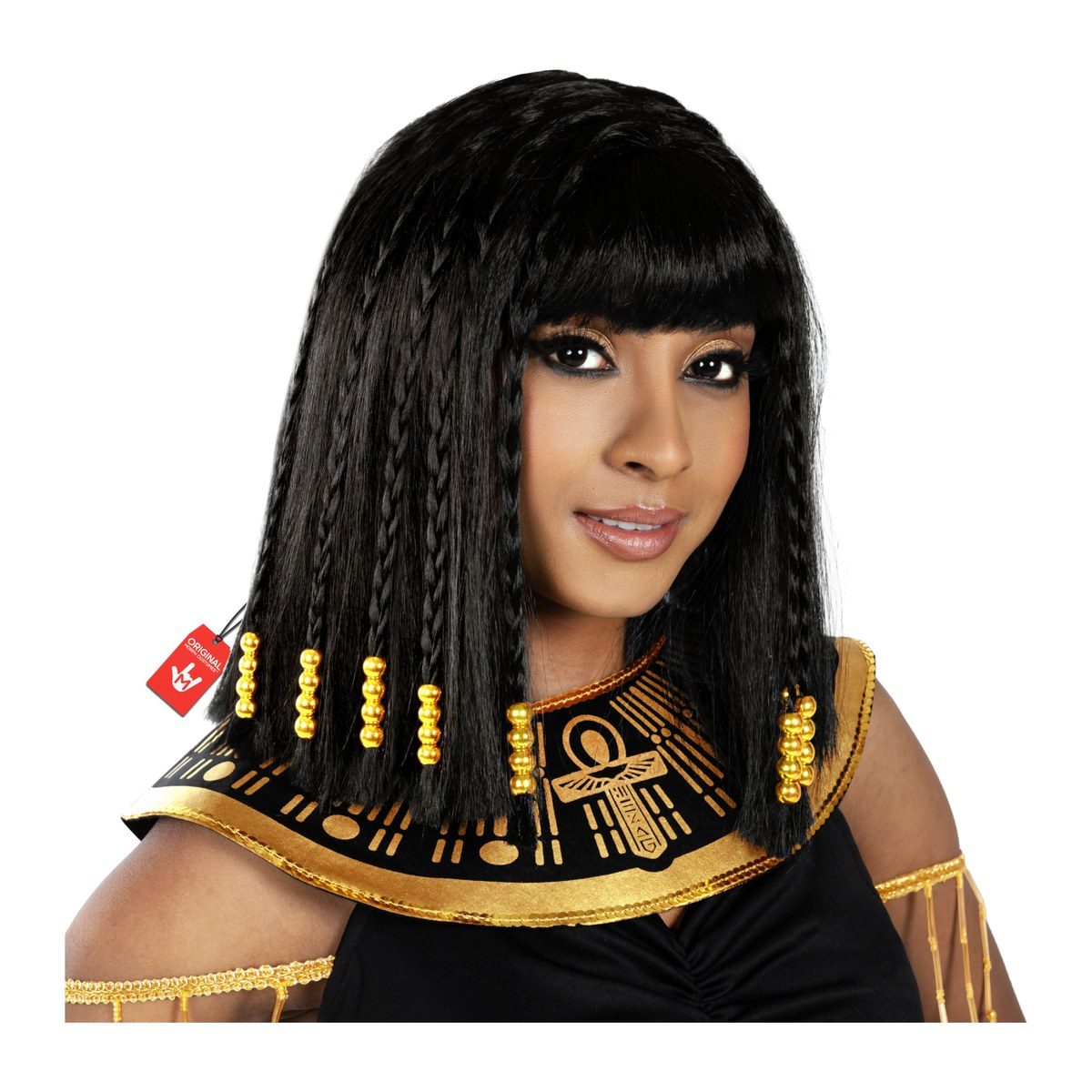 Woman wearing a black bob wig with blunt bangs, thin braids, and gold bead accents, with a black and gold Egyptian collar