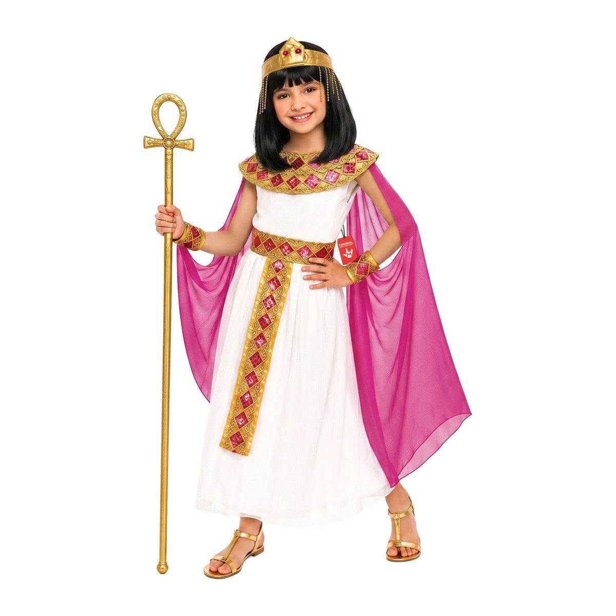 Girl in a white Cleopatra costume with a pink cape, gold collar, gold belt panel, and gold headpiece
