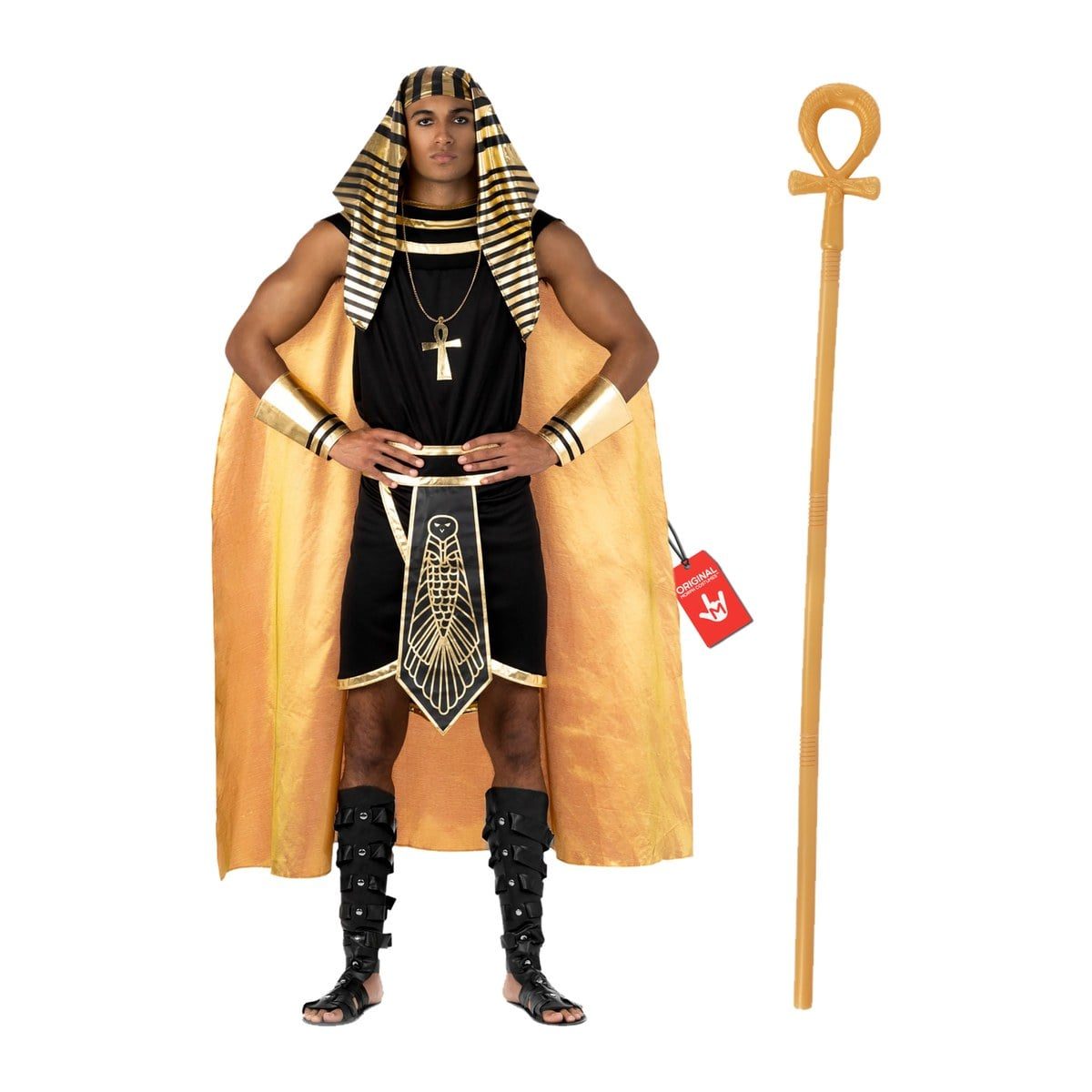 Man in an Egyptian pharaoh costume with a black wrap skirt, gold cape, striped headdress, and gold necklace, next to a gold ankh-topped staff