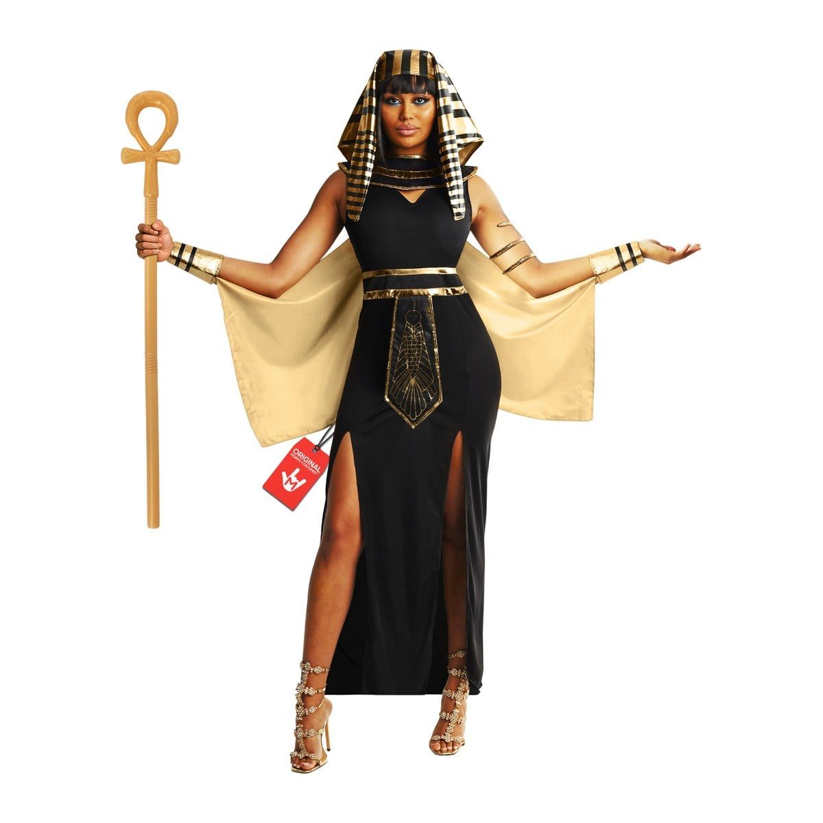 Woman in a black Egyptian pharaoh queen costume with gold cape panels and a striped headdress, holding a gold ankh-topped staff