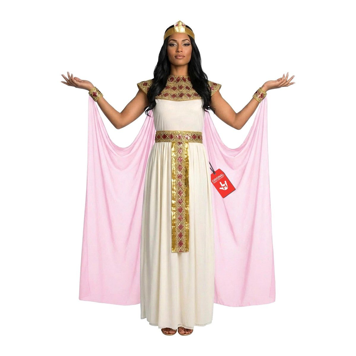 Woman in a floor-length cream Cleopatra costume with a sheer pink cape, gold collar, gold belt panel, and gold headpiece