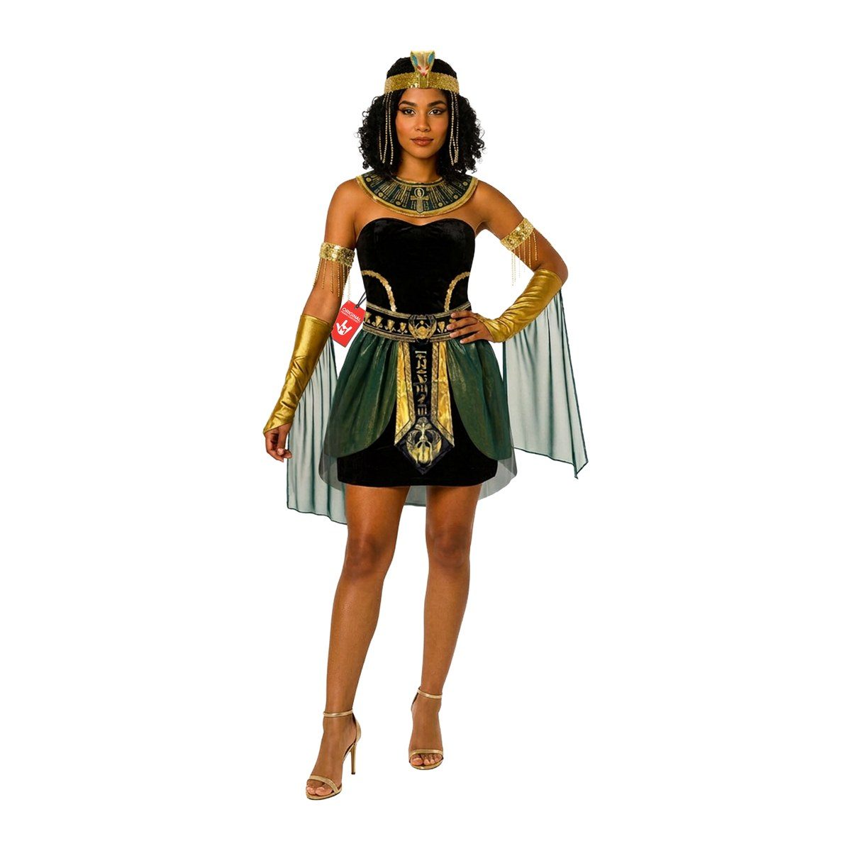 Woman in a short Egyptian queen costume with a gold collar, gold headpiece, and sheer green cape sleeves