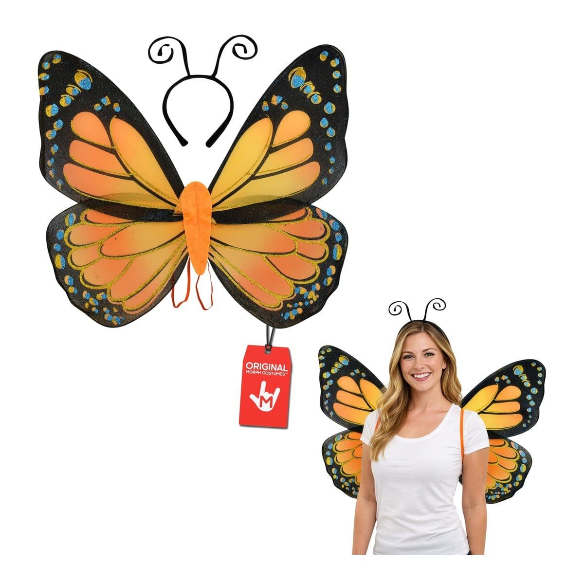 Orange and black monarch butterfly wings with a black antenna headband, shown flat and worn by a smiling woman in a white t-shirt